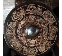 Bouclier de Guerrier Viking LARP - Bouclier Rond Médiéval avec Motif d'Oiseau en Bois et Acier, Armure Réplique Nautique pour Halloween, Décor Templier et Nordique #I