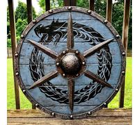 Bouclier médiéval Vikings, 61 cm en bois et acier, armure prête à la bataille, guerrier rond, décoratif, fait à la main, bleu, bouclier imprimé dragon
