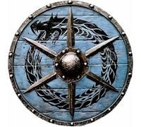 Bouclier viking en bois peint à la main en forme de dragon | Bouclier médiéval LARP prêt à la bataille (61 cm) bleu et noir