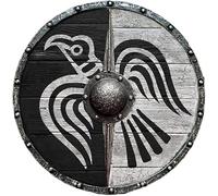 Bouclier viking médiéval Eivor Valhalla Raven Clan Nordique Blanc-Noir Bouclier en bois et fer pour décoration de maison/cosplay
