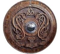 Bouclier viking médiéval runique sculpté Chevalier nordique marron en bois et fer 61 cm pour jeu de rôle et cosplay