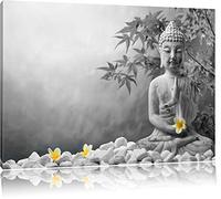 Bouddha avec Monoï de fleurs à la main noir / blanc Taille: 100x70 sur toile, énorme XXL Photos complètement encadrée avec civière, art impression sur murale avec cadre, moins cher que la peinture ou la peinture à l'huile, aucune affiche ou un poster