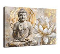 Bouddha Gris Or Cadre en bois Impression Sur Toile Méditation Spirituelle Zen Tableau Affiche Decoration Murale Fleurs de Lotus Beiges Peinture sur toile Grand Tableau Decoration Murale Salon 120x80cm