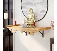 Bouddha Shrine Autel - Table de méditation murale en bois massif avec statue chinoise Fengshui Guan Gong pour offrande et prière