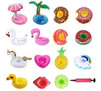 Bouée Porte Gobelet Gonflable Piscine, Amaza 15 Pièces Haute Flottabilité Bouee Porte-Boisson Gonflable avec Pompe à Air Libre, Bouee Porte Verre Piscine inclure Flamant,Palmier,Licorne,etc.