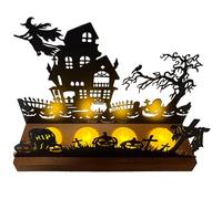 Bougeoir d'Halloween - Silhouette de château métallique avec sorcière, cimetière et fantômes - Socle en bois amovible pour 4 bougies chauffe-plat - Durable et facile d'entretien - Décoration de table