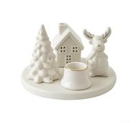 Bougeoir en poterie détaillée avec motif renne de Noël et maisons enneigées pour décoration saisonnière et utilisation festive (bougeoir cerf)