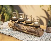 Bougeoir rustique en bois patiné de 49 cm de long, avec 4 photophores, bougeoir