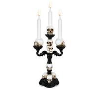 Bougeoir tête de mort SHAIDOJIO Halloween noir avec 3 bras - Statue gothique en résine - Bougeoir en forme de tête de mort - Noir - Pour famille, cuisine, table, chambre à coucher, salon