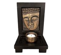 Bougeoirs en Forme de Tête de Bouddha, 18.5×11.6×11.3cm Bougeoir en Pierre Zen de Méditation avec Base étagère en Bois pour Salle Spirituelle, Décoration de Club de Yoga(Bronze)