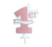 BOUGIE 1ER ANNIVERSAIRE ROSE GOLD PAILLETTES 10X8CM + BOBECHE