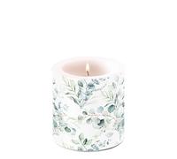 Bougie à motif fleurs et feuilles d'eucalyptus comme décoration de table ronde petite pour table dressée Ø 7,5 x 9 cm