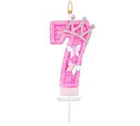 Bougie anniversaire en forme de chiffre rose scintillant de 7,3 cm avec papillon et couronne en strass pour fille - Décoration parfaite pour mariage