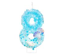 Bougie Anniversaire Numéro, Bleu et Blanc Paillettes Conque Perle Bougie Anniversaire Coquillage Décoration de Gâteau Numéro pour Fête à Thème Océan Plage (8)