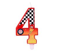 Bougie Anniversaire Thème des Courses Auto, Bougie Numéro à Damier Rouge avec Motifs d'Éclairs et Roues de Voiture pour Fête d'Anniversaire Fête Thème Voitures Course Décoration(Numéro 4)