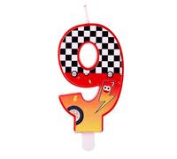 Bougie Anniversaire Thème des Courses Auto, Bougie Numéro à Damier Rouge avec Motifs d'Éclairs et Roues de Voiture pour Fête d'Anniversaire Fête Thème Voitures Course Décoration(Numéro 9)