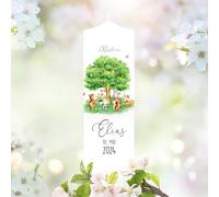 Bougie Baptême personnalisée Fille Garçon motif Arbre et Animaux de la forêt - Cierge Baptême avec prénom, date et message - Cierge de parrainage - Bougie imprimée - Cadeau parrain marraine - 25 x 7