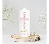 Bougie Baptême personnalisée Fille motif Croix florale rose - Cierge Baptême avec prénom et date - Cierge de parrainage - Bougie imprimée - Cadeau parrain marraine - 18 x 7 cm