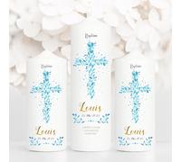 Bougie Baptême personnalisée Garçon motif Croix florale bleue - Cierge Baptême avec prénom, date et message - Cierge de parrainage - Bougie imprimée - Cadeau parrain marraine - 25 x 7 cm