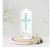 Bougie Baptême personnalisée Garçon motif Croix florale bleue - Cierge Baptême avec prénom et date - Cierge de parrainage - Bougie imprimée - Cadeau parrain marraine - 18 x 7 cm