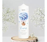 Bougie Baptême personnalisée Garçon motif Montgolfière florale bleue - Cierge Baptême avec prénom, date et message - Bougie imprimée - cierge personnalisé - 25 x 7 cm