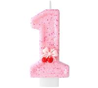 Bougie Cerise Anniversaire, Bougie Paillette Chiffre Rose avec Mignon Mini Cerises et Nœuds Embellissement pour Fête d'Anniversaire Baby Shower Fête à Thème Décoration(Numéro 1)