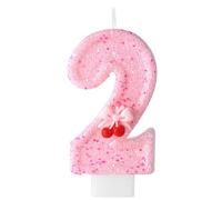 Bougie Cerise Anniversaire, Bougie Paillette Chiffre Rose avec Mignon Mini Cerises et Nœuds Embellissement pour Fête d'Anniversaire Baby Shower Fête à Thème Décoration(Numéro 2)