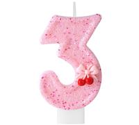 Bougie Cerise Anniversaire, Bougie Paillette Chiffre Rose avec Mignon Mini Cerises et Nœuds Embellissement pour Fête d'Anniversaire Baby Shower Fête à Thème Décoration(Numéro 3)