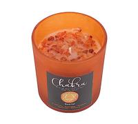 Bougie chakra sacrée : orange parfumée avec des éclats de cristal de cornaline, support en verre réutilisable, couvercle métallique - Durée de combustion de 25 heures, cire de paraffine - Usage