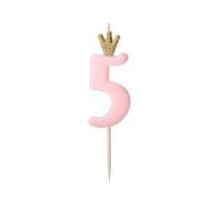 Bougie Chiffre Princesse, Décoration Gâteau Anniversaire, Chiffre 0 à 9, Rose clair et doré, 4.5 x 15.5 cm, Design Princesse, Paraffine avec Pic Bois, Anniversaire Fille (Chiffre 5)