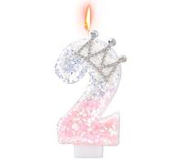 Bougie Couronne Anniversaire, Paillettes Rose et Argent Bougies d'Anniversaire Numérotées Décoration de Gâteau Numérotée pour Anniversaires Mariages Baby Showers (Numéro 2)