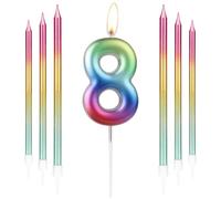 Bougie d'anniversaire arc-en-ciel en forme de chiffre 8, utilisée pour décorer des gâteaux et des desserts lors de fêtes pour les personnes de tous âges et pour célébrer divers événements