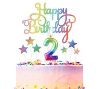 Bougie d'anniversaire arc-en-ciel numéro 2 pour gâteau, bougies d'anniversaire arc-en-ciel métalliques décorations de gâteau, bougie joyeux 2ème anniversaire, bougies de gâteau colorées décorations de