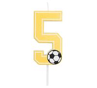 Bougie d'anniversaire de football avec les chiffres 0, 1, 2, 3, 4, 5, 6, 7, 8, 9, en jaune doré, avec détail ballon de football. Taille 7,5 cm. (Numéro 5)