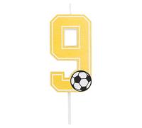 Bougie d'anniversaire de football avec les chiffres 0, 1, 2, 3, 4, 5, 6, 7, 8, 9, en jaune doré, avec détail ballon de football. Taille 7,5 cm. (Numéro 9)