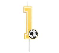 Bougie d'anniversaire de football avec les chiffres 0, 1, 2, 3, 4, 5, 6, 7, 8, 9, en jaune doré, avec détail ballon de football. Taille 7,5 cm. (Numéro 1)