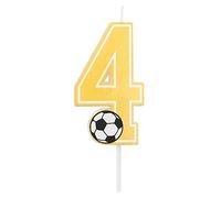 Bougie d'anniversaire de football avec les chiffres 0, 1, 2, 3, 4, 5, 6, 7, 8, 9, en jaune doré, avec détail ballon de football. Taille 7,5 cm. (Numéro 4)