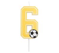 Bougie d'anniversaire de football avec les chiffres 0, 1, 2, 3, 4, 5, 6, 7, 8, 9, en jaune doré, avec détail ballon de football. Taille 7,5 cm. (Numéro 6)