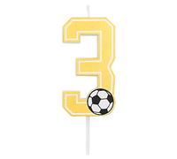 Bougie d'anniversaire de football avec les chiffres 0, 1, 2, 3, 4, 5, 6, 7, 8, 9, en jaune doré, avec détail ballon de football. Taille 7,5 cm. (Numéro 3)
