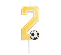 Bougie d'anniversaire de football avec les chiffres 0, 1, 2, 3, 4, 5, 6, 7, 8, 9, en jaune doré, avec détail ballon de football. Taille 7,5 cm. (Numéro 2)