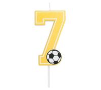 Bougie d'anniversaire de football avec les chiffres 0, 1, 2, 3, 4, 5, 6, 7, 8, 9, en jaune doré, avec détail ballon de football. Taille 7,5 cm. (Numéro 7)
