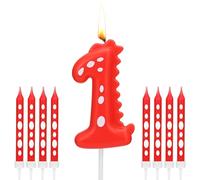 Bougie D'anniversaire Dinosaure Numéro 1, 1 Bougie Numérotée de Gâteaux et 8 Longues Bougies Minces, 6.8cm/2.68in Bougie Dinosaure pour la Décoration de Gâteaux sur le Thème de la Fête