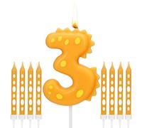 Bougie D'anniversaire Dinosaure Numéro 3, 1 Bougie Numérotée de Gâteaux et 8 Longues Bougies Minces, 6.8cm/2.68in Bougie Dinosaure pour la Décoration de Gâteaux sur le Thème de la Fête