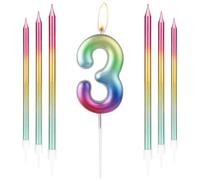 Bougie d'anniversaire en forme de chiffre 3 arc-en-ciel, utilisée pour décorer des gâteaux et des desserts lors de fêtes pour les personnes de tous âges et pour célébrer divers événements