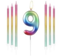 Bougie d'anniversaire en forme de chiffre 9 arc-en-ciel, utilisée pour décorer des gâteaux et des desserts lors de fêtes pour les personnes de tous âges et pour célébrer divers événements
