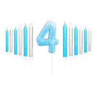 Bougie d'anniversaire en forme de flocon de neige bleu brillant dégradé en forme de chiffre 4 et long bâton - Fournitures de fête d'anniversaire pour garçons, filles, bébés