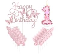 Bougie d'anniversaire en forme de papillon rose en forme de chiffre 1 avec paillettes - Décoration de gâteau d'anniversaire pour fille - Thème papillon rose - Pour 1er anniversaire