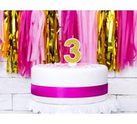 Bougie d'anniversaire numéro 3 avec paillettes 7cm or