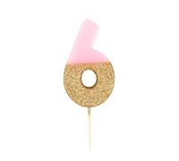 Bougie d'anniversaire numéro 6 rose avec paillettes dorées | Décoration de gâteau de qualité supérieure | Jolie, scintillante pour enfants, adultes, 6e, 16e, 60e fête, anniversaire, âge jalon