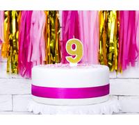 Bougie d'anniversaire numéro 9 avec paillettes 7cm or